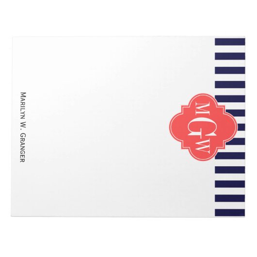 Navy White Stripe Coral Red Quatrefoil 3 Monogram Notitieblok (Voorkant)