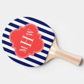 Navy White Stripe Coral Red Quatrefoil 3 Monogram Tafeltennisbatje (Zijkant)