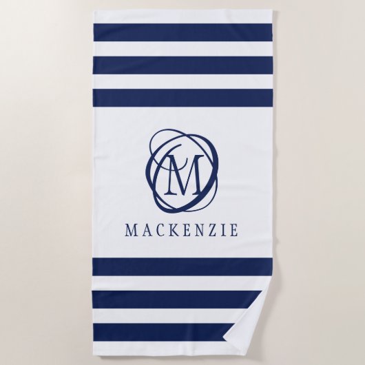 Navy White Stripe Elegant Monogram Naam Strandlaken (Voorkant)