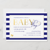 Navy & White Stripe Faux Gold Boy Baby shower Kaart (Voorkant)