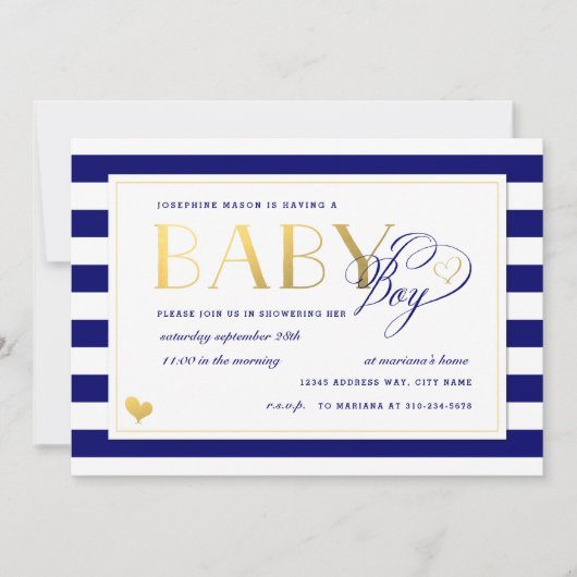 Navy & White Stripe Faux Gold Boy Baby shower Kaart (Voorkant)