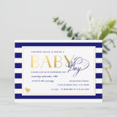 Navy & White Stripe Faux Gold Boy Baby shower Kaart (Staand voorkant)