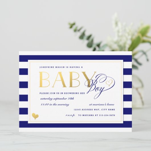 Navy & White Stripe Faux Gold Boy Baby shower Kaart (Staand voorkant)