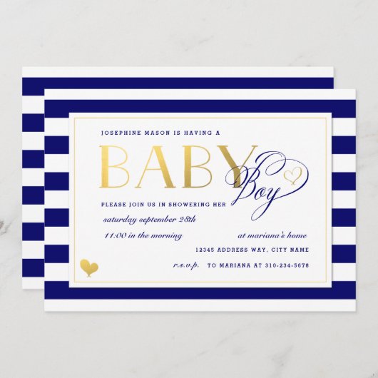 Navy & White Stripe Faux Gold Boy Baby shower Kaart (Voorkant / Achterkant)