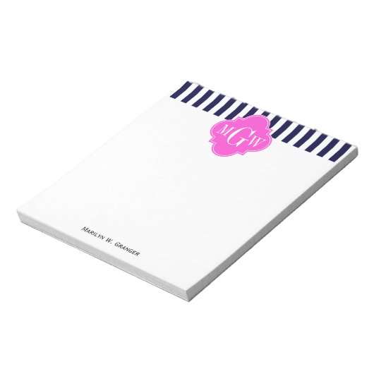 Navy White Stripe Hot Pink Quatrefoil 3 Monogram Notitieblok (Linkerzijde)