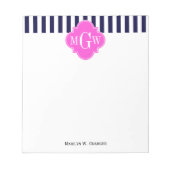Navy White Stripe Hot Pink Quatrefoil 3 Monogram Notitieblok (Voorkant)