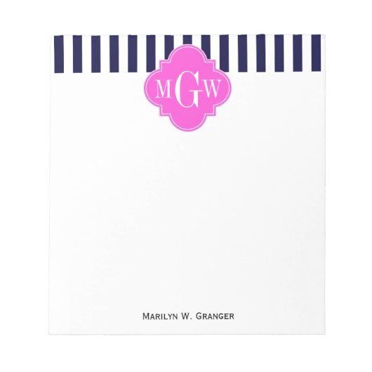 Navy White Stripe Hot Pink Quatrefoil 3 Monogram Notitieblok (Voorkant)