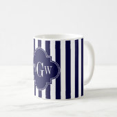 Navy White Stripe Navy Blue Quatrefoil 3 Monogram Koffiemok (Voorkant rechts)