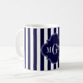 Navy White Stripe Navy Blue Quatrefoil 3 Monogram Koffiemok (Voorkant links)