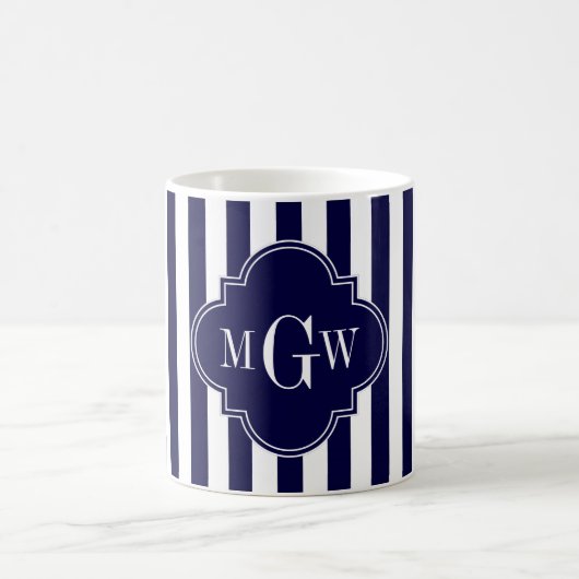 Navy White Stripe Navy Blue Quatrefoil 3 Monogram Koffiemok (Center)