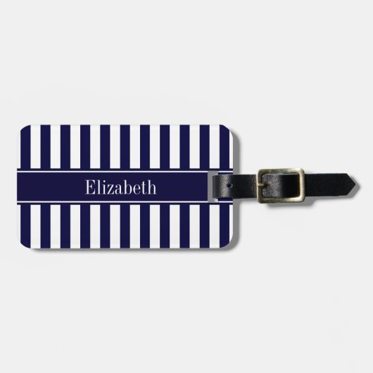 Navy White Stripe Navy Blue Ribbon Name Monogram Bagagelabel (Voorkant horizontaal)