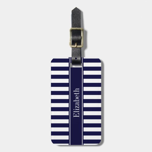 Navy White Stripe Navy Blue Ribbon Name Monogram Bagagelabel (Voorkant verticaal)
