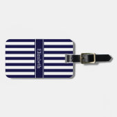 Navy White Stripe Navy Blue Ribbon Name Monogram Bagagelabel (Voorkant horizontaal)