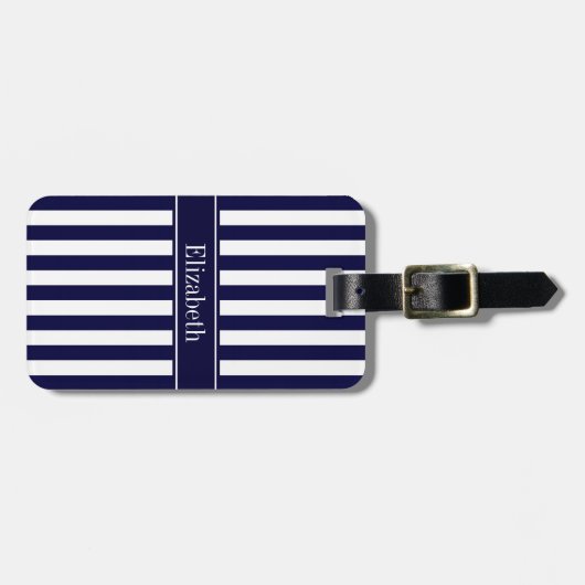 Navy White Stripe Navy Blue Ribbon Name Monogram Bagagelabel (Voorkant horizontaal)