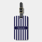 Navy White Stripe Navy Blue Ribbon Name Monogram Bagagelabel (Voorkant verticaal)