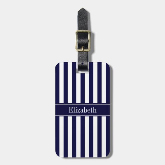 Navy White Stripe Navy Blue Ribbon Name Monogram Bagagelabel (Voorkant verticaal)