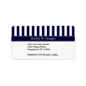 Navy White Stripe Navy Blue Ribbon Name Monogram Etiket (Voorkant)