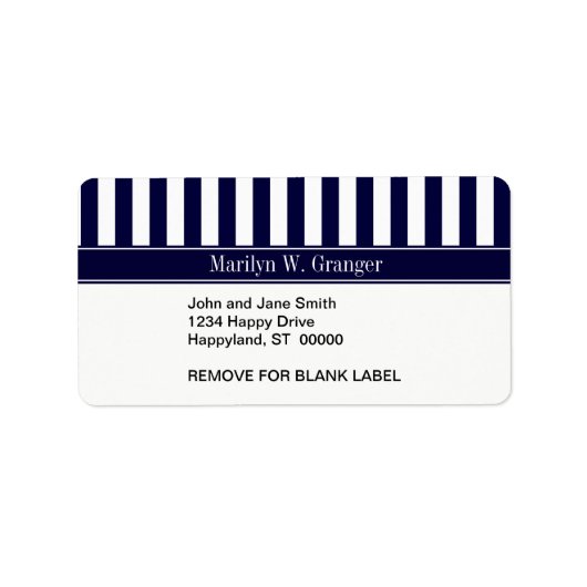 Navy White Stripe Navy Blue Ribbon Name Monogram Etiket (Voorkant)