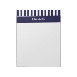 Navy White Stripe Navy Blue Ribbon Name Monogram Notitieblok