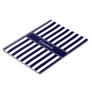 Navy White Stripe Navy Blue Ribbon Name Monogram Notitieboek