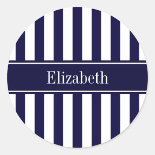 Navy White Stripe Navy Blue Ribbon Name Monogram Ronde Sticker