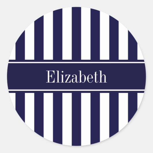 Navy White Stripe Navy Blue Ribbon Name Monogram Ronde Sticker (Voorkant)