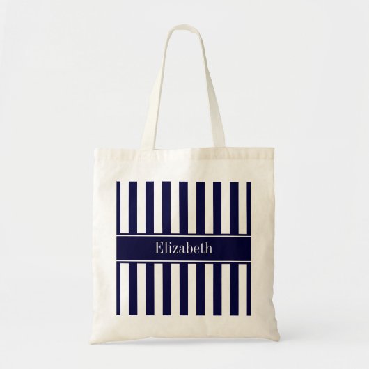 Navy White Stripe Navy Blue Ribbon Name Monogram Tote Bag (Voorkant)