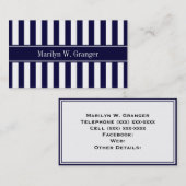 Navy White Stripe Navy Blue Ribbon Name Monogram Visitekaartje (Voorkant / Achterkant)