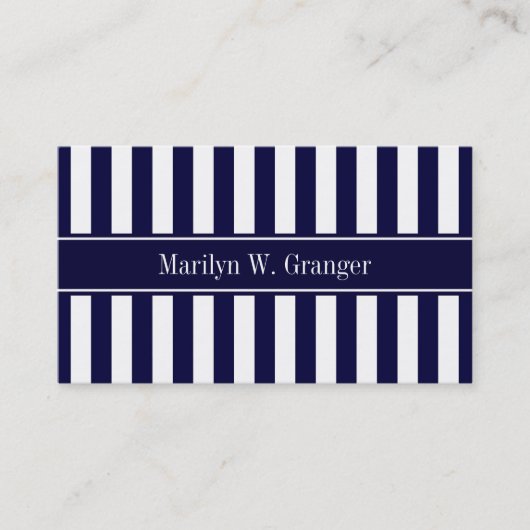 Navy White Stripe Navy Blue Ribbon Name Monogram Visitekaartje (Voorkant)