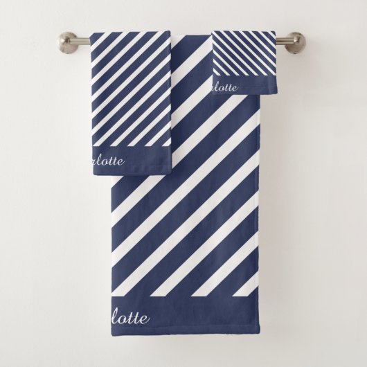 NAVY WHITE STRIPE PERSONALIZED BATHROOM TOWEL SET BAD HANDDOEK (Insitu)