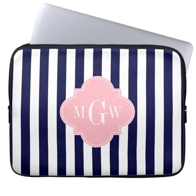 Navy White Stripe Pink Quatrefoil 3 Monogram Laptop Sleeve (Voorkant)