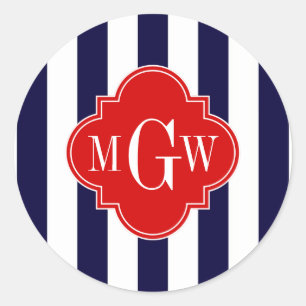 Navy White Stripe Red Quatrefoil 3 Monogram Ronde Sticker