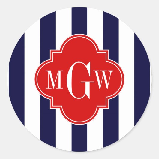 Navy White Stripe Red Quatrefoil 3 Monogram Ronde Sticker (Voorkant)