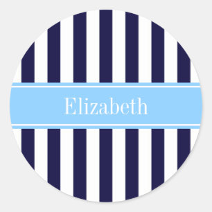Navy White Stripe Sky Blue Ribbon Name Monogram Ronde Sticker