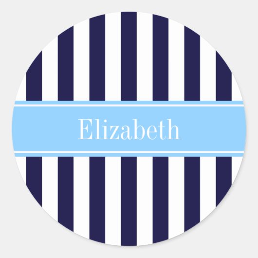 Navy White Stripe Sky Blue Ribbon Name Monogram Ronde Sticker (Voorkant)