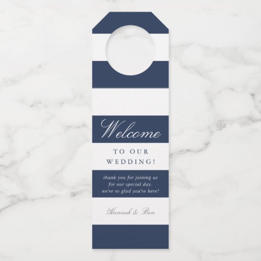 Navy & White Stripe Wedding Welkom Flessenhanger (Voorkant)