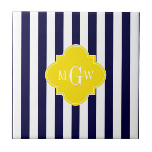Navy White Stripe Yellow Quatrefoil 3 Monogram Tegeltje