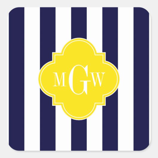 Navy White Stripe Yellow Quatrefoil 3 Monogram Vierkante Sticker (Voorkant)