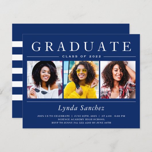 Navy White Stripes 3 Photo Graduation Invitations (Voorkant / Achterkant)