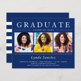 Navy White Stripes 3 Photo Graduation Invitations