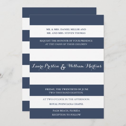 Navy & White Stripes bruiloft uitnodiging (Voorkant / Achterkant)