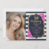 Navy White Stripes Goud Roze Foto 50e Verjaardag Kaart (Voorkant)