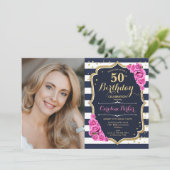 Navy White Stripes Goud Roze Foto 50e Verjaardag Kaart (Staand voorkant)