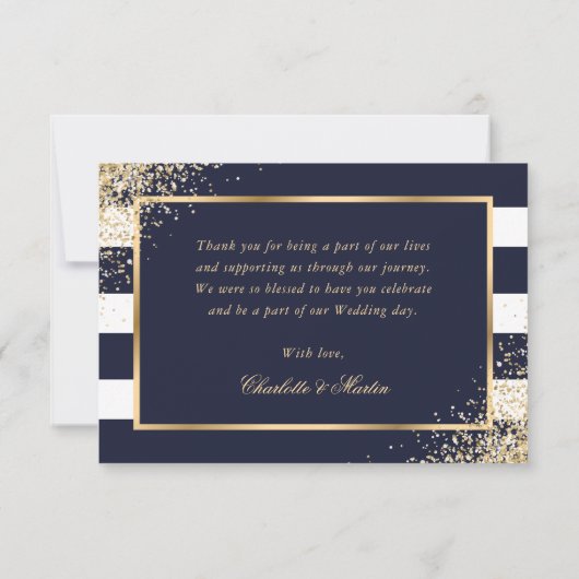 Navy White Stripes Gouden Blush Roze Bloemen Huwel Bedankkaart (Achterkant)
