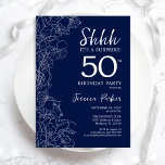 Navy White Surprise 50th Birthday Kaart<br><div class="desc">Navy White Surprise 50th Birthday Invitation. Het minimalistische moderne feministische ontwerp kenmerkt botanische accenten en typografische manuscriptdoopvont. Eenvoudige bloemige uitnodigingskaart perfect voor een stijlvol vrouw verrassingsfeest. Uitnodigingen op Zazzle afdrukken of sjabloon voor digitaal afdrukken direct downloaden.</div>