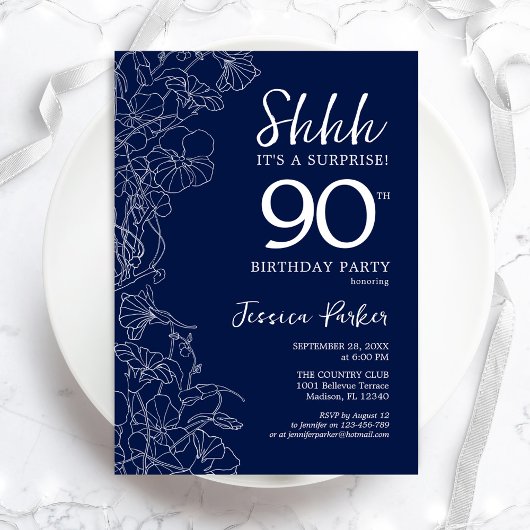 Navy White Surprise 90th Birthday Kaart