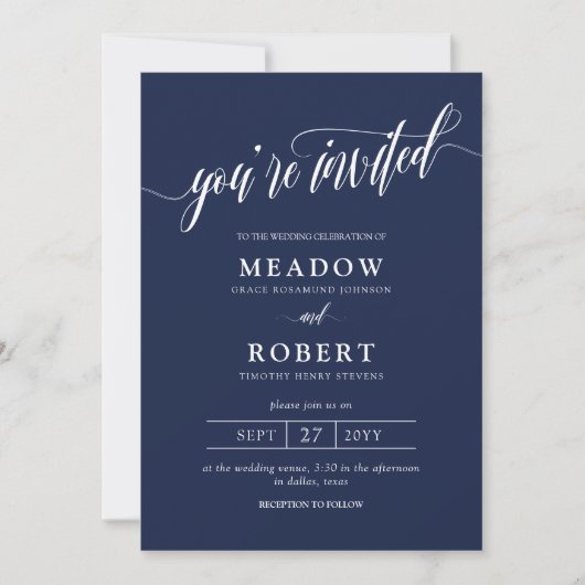 Navy White Typography Informal 2 in 1 Wedding Kaart (Voorkant)