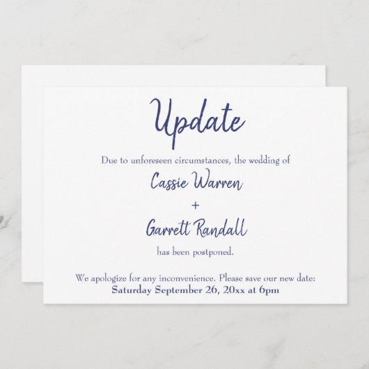 Navy White "Update" uitgesteld bruiloft Kaart (Voorkant / Achterkant)