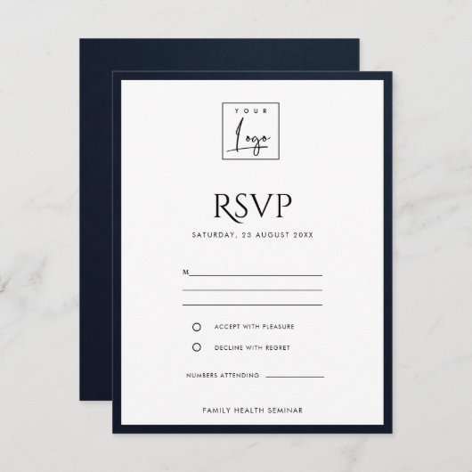 NAVY & WHITE VELVET VERGETEN UW LOGO WERKSHOP RSVP INFORMATIEKAARTJE (Voorkant / Achterkant)