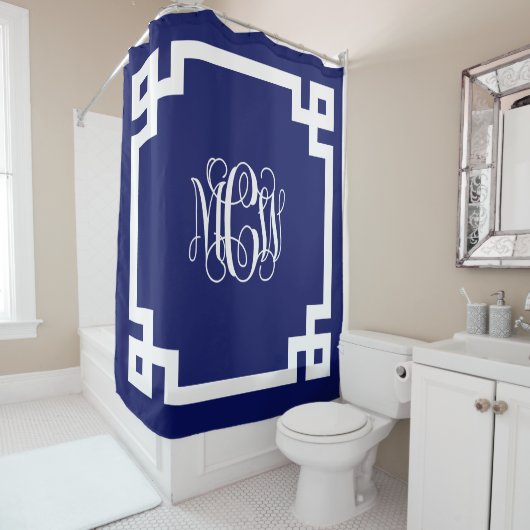 Navy White Vine Monogram DIY BG & Grieks Key Lijst Douchegordijn (In situ)